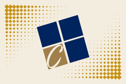 Icon from the CU logo which features three angled navy squares and one gold square with the letter C to form a cube