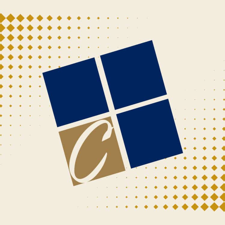 Icon from the CU logo which features three angled navy squares and one gold square with the letter C to form a cube