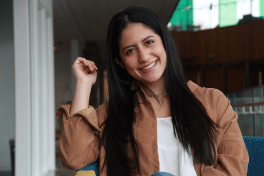 Juliana Bonilla in the lobby of the De Witt Center for Science and Technology at Cornerstone University