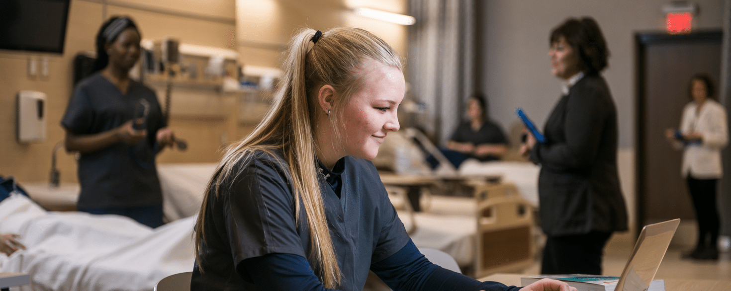 Female student typing on a laptop in the De Witt Center for Nursing at Cornerstone University