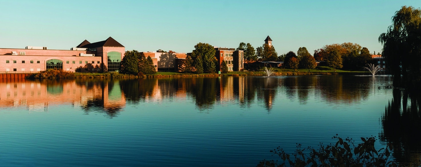 Cornerstone University academic and athletic buildings by campus pond