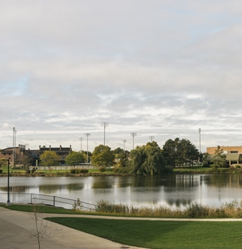 Campus pond at Cornerstone University located near the De Witt Baseball field and Grand Rapids Theological Seminary