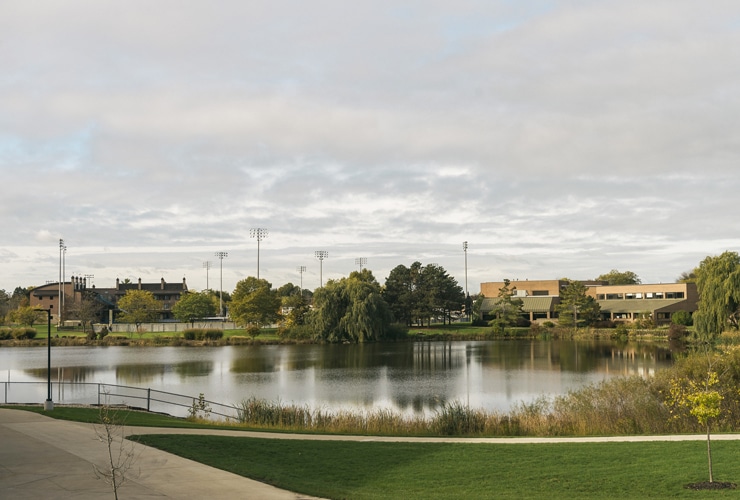 Campus pond at Cornerstone University located near the De Witt Baseball field and Grand Rapids Theological Seminary