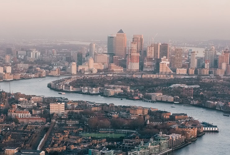 Aerial view of city with river