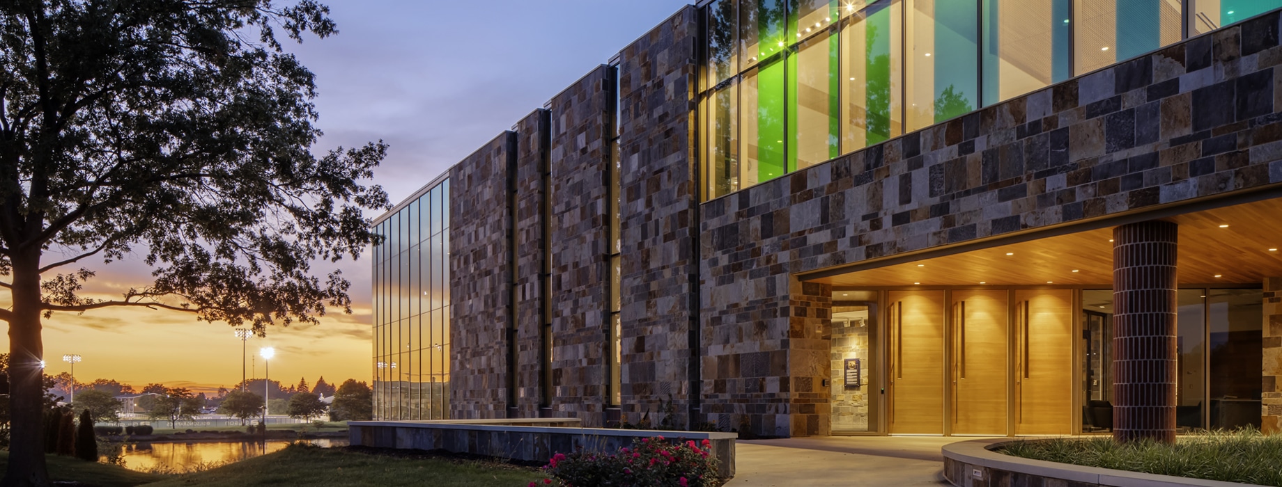 Exterior of De Wiitt Center for Science and Technology in the evening at Cornerstone University