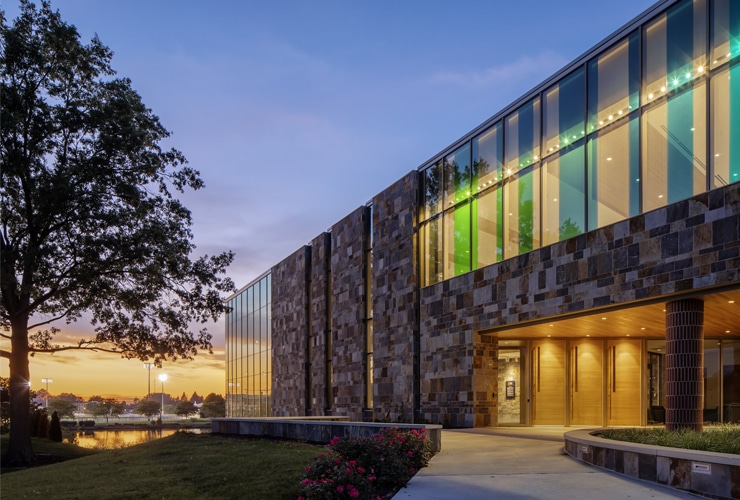 Exterior of De Wiitt Center for Science and Technology in the evening at Cornerstone University