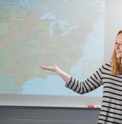 Cornerstone student teaching in front of United States map