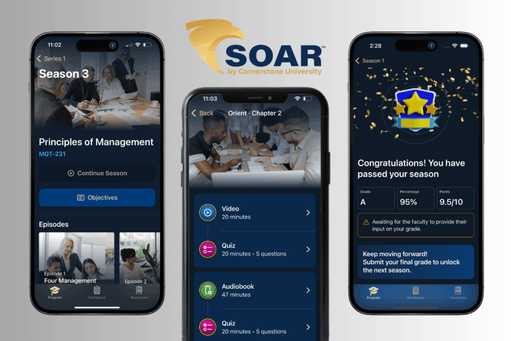 Three SOAR™ by Cornerstone University app screenshots with SOAR™ logo.