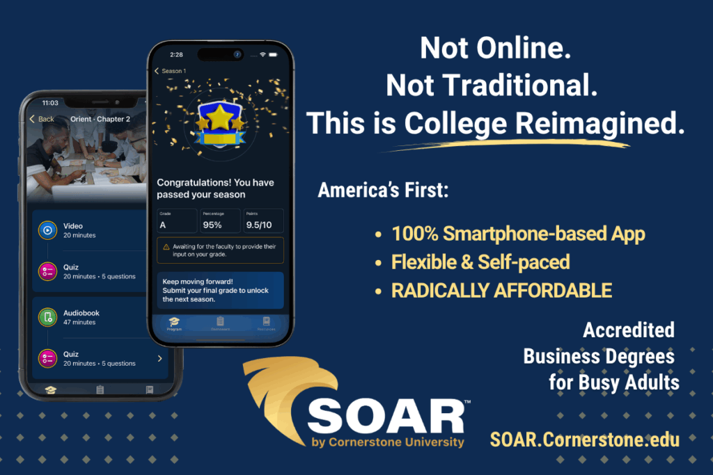 This graphic shows a SOAR app logo, screenshot, and speak to college being reimagined.