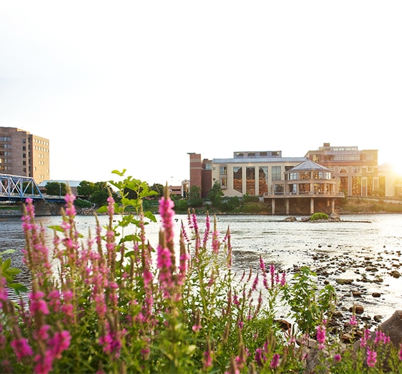View of the Grand Rapids Public Museum and Blue Bridge from across the river