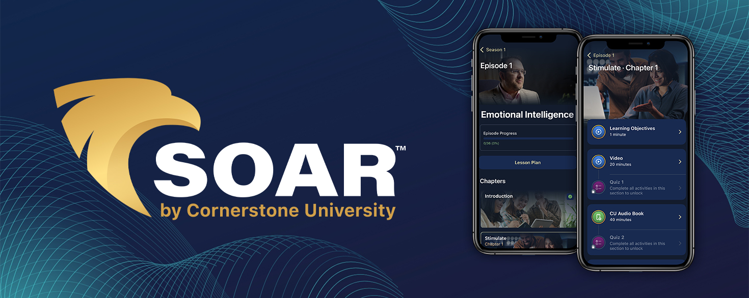 Smartphones with SOAR by Cornerstone University degree app interface displayed showing class video and course progress