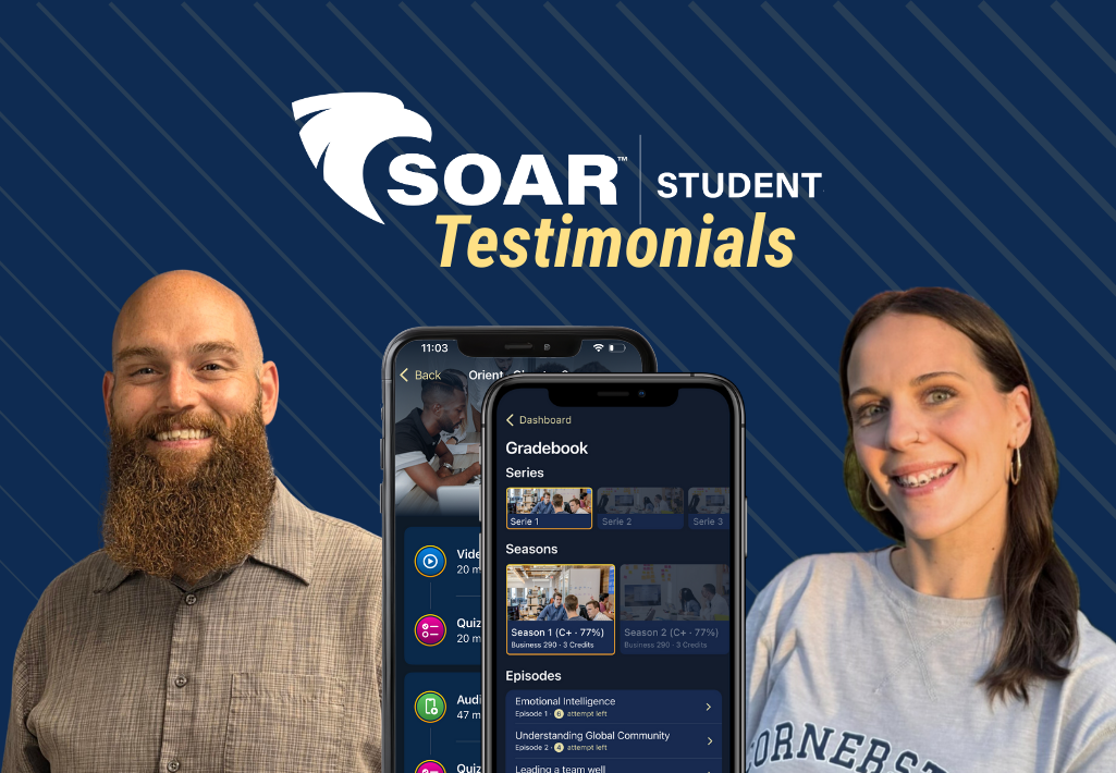 Eric and Rachel head shots with SOAR App screenshots
