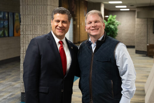 Dr. Gerson Moreno-Riaño and John Stonestreet in lobby of Cornerstone Theological Seminary in Grand Rapids, Michigan