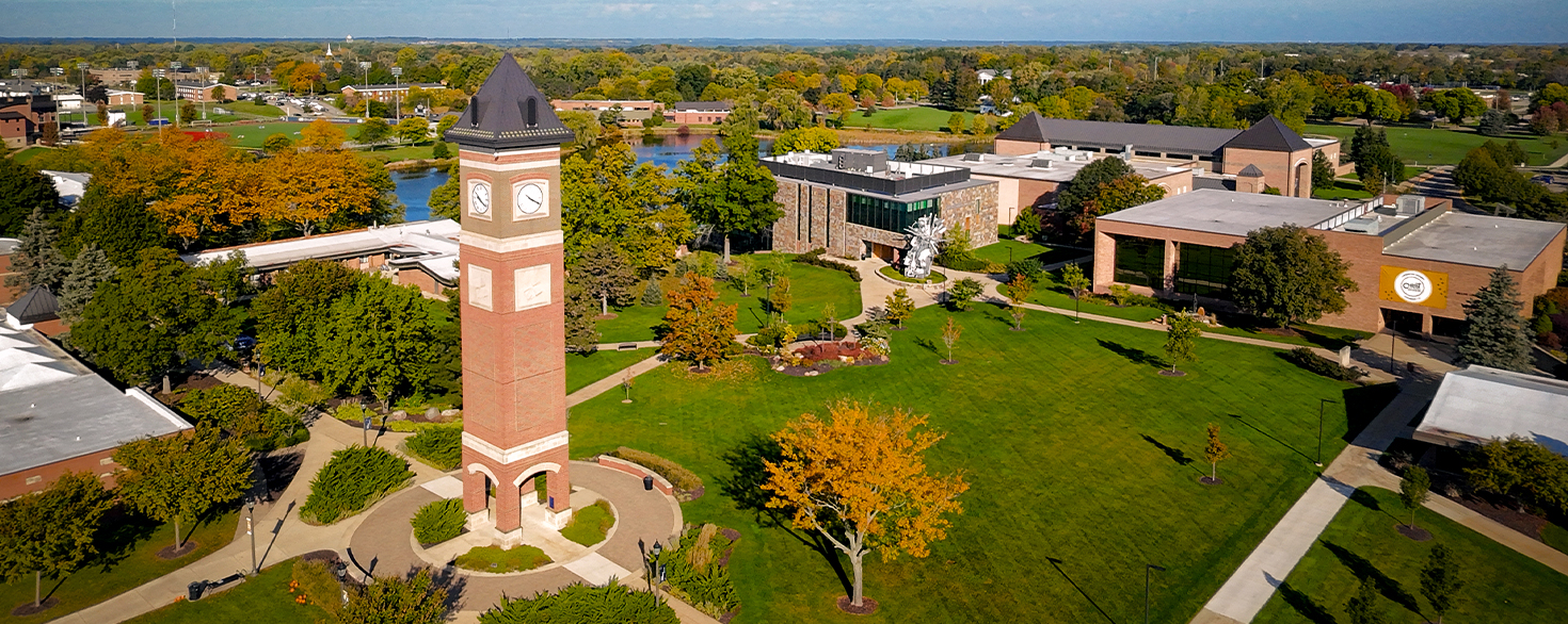 Cornerstone University campus with academic buildings overlooking campus pond in Grand Rapids, Michigan