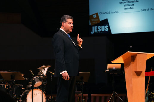 President Gerson Moreno-Riaño speaks in Christ Chapel at Cornerstone University