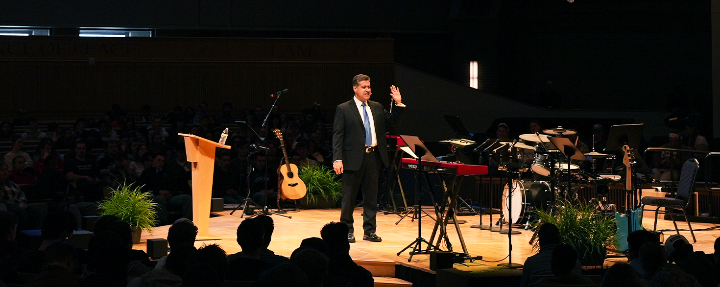 President Gerson Moreno-Riaño speaks in Christ Chapel at Cornerstone University