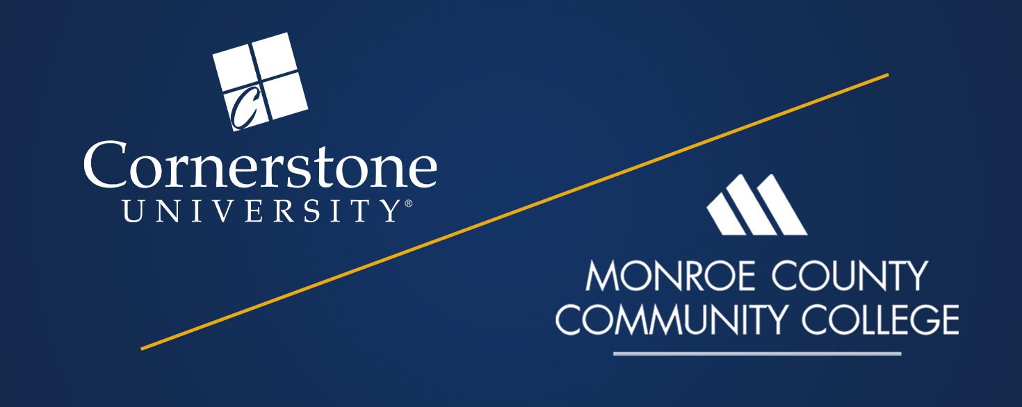 Cornerstone University and Monroe County Community College logos