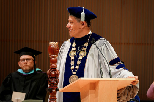 Dr. Gerson Moreno-Riaño speaks at podium in Christ Chapel at Cornerstone University for Convocation in September 2026