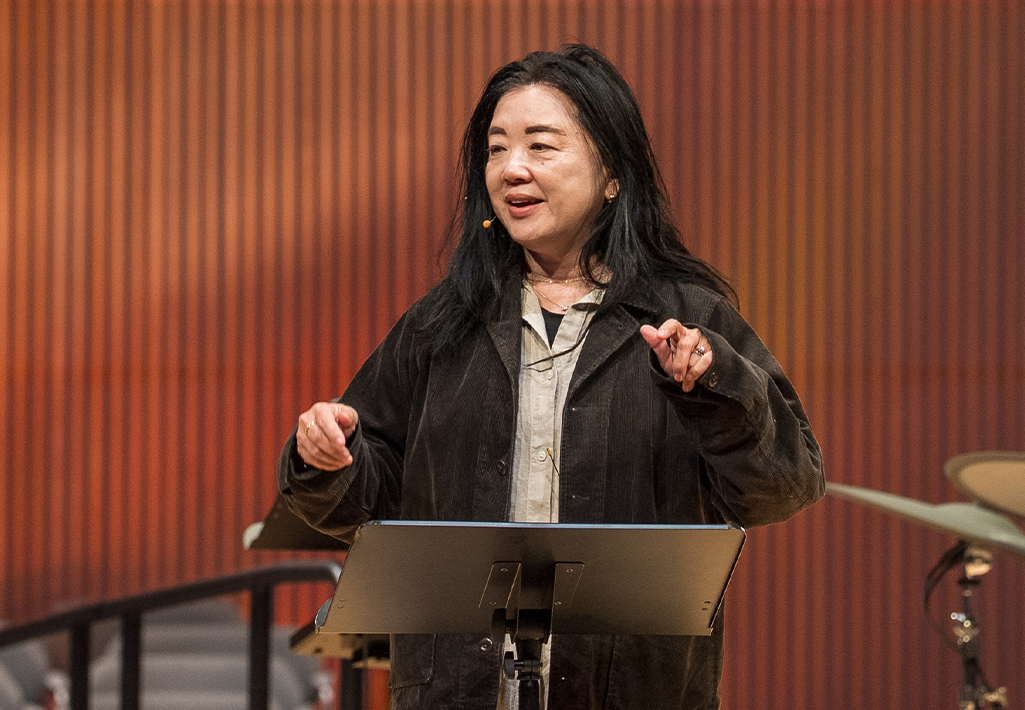 Joanna Ng preaches a chapel message in Christ Chapel at Cornerstone University